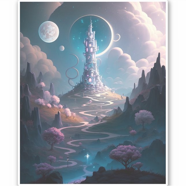 Whimsical Tower Landscape Fantasy Art Sticker (Front)