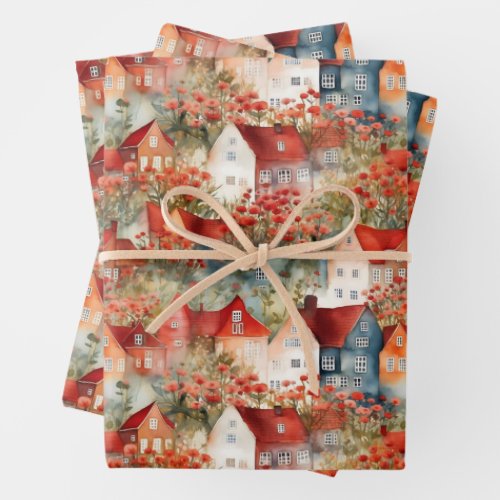 WHIMSICAL TOWN AND HOUSES GIFT  WRAPPING PAPER SHEETS