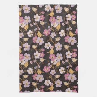 Whimsical Trailing Florals and Birds - Black/Grey Kitchen Towel