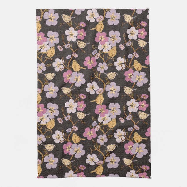 Whimsical Trailing Florals and Birds - Black/Grey Kitchen Towel (Vertical)