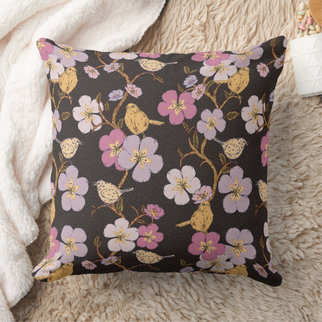 Whimsical Trailing Florals and Birds - Black/Grey Throw Pillow (Blanket)