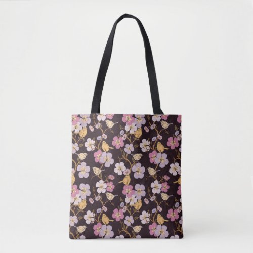 Whimsical Trailing Florals and Birds _ BlackRed Tote Bag