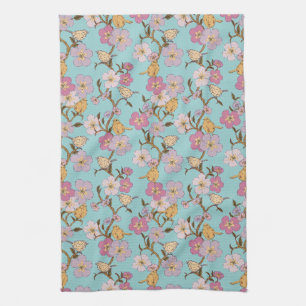 Whimsical Trailing Florals and Birds - Turquoise Kitchen Towel