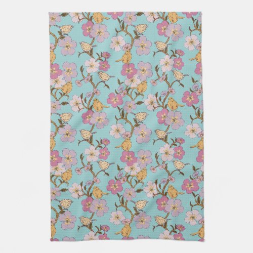 Whimsical Trailing Florals and Birds _ Turquoise Kitchen Towel