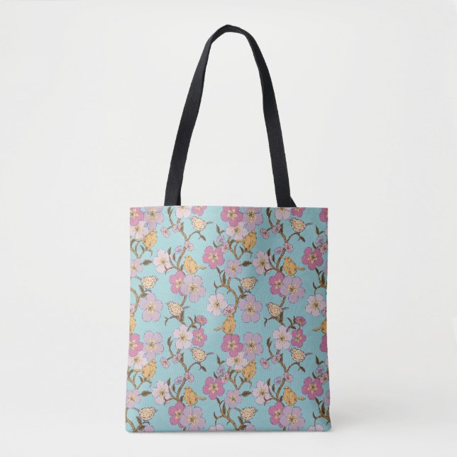 Whimsical Trailing Florals and Birds - Turquoise Tote Bag (Front)