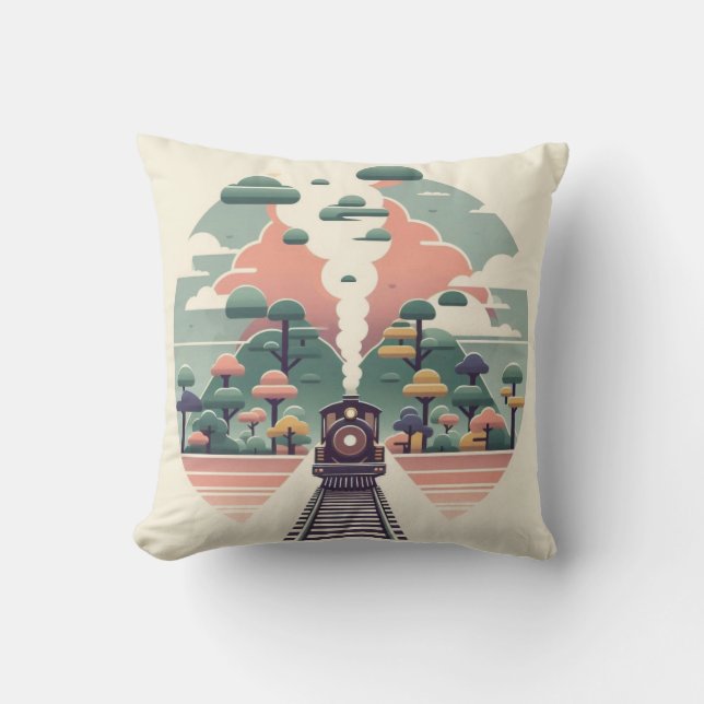 Whimsical Train Journey: Retro-Style Landscape Throw Pillow (Front)