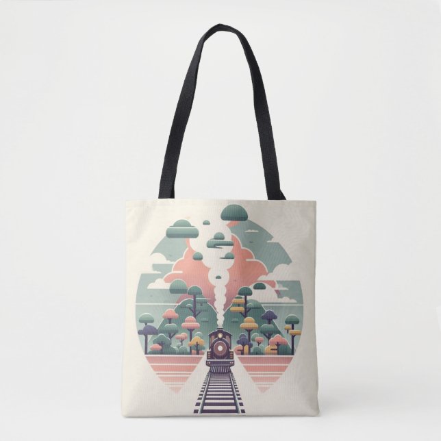 Whimsical Train Journey: Retro-Style Landscape Tote Bag (Front)