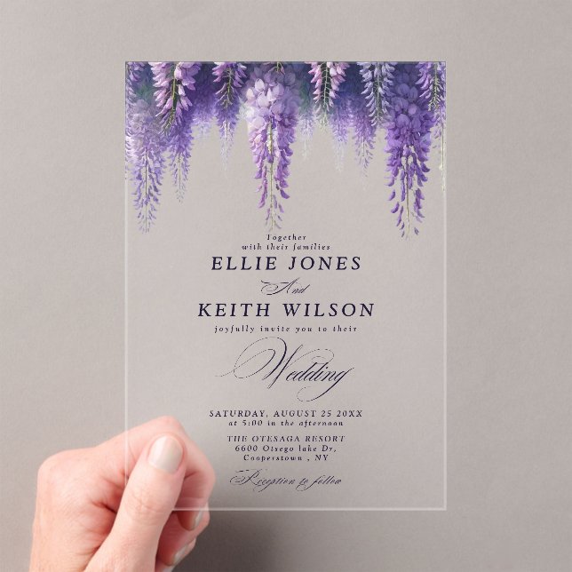 Whimsical Transparent Purple Floral Wedding Acrylic Invitations (Insitu (Handheld))