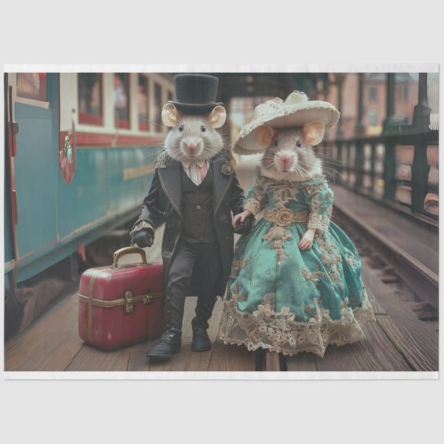 Whimsical Traveling Duo Mice Decoupage Tissue Paper (Front)