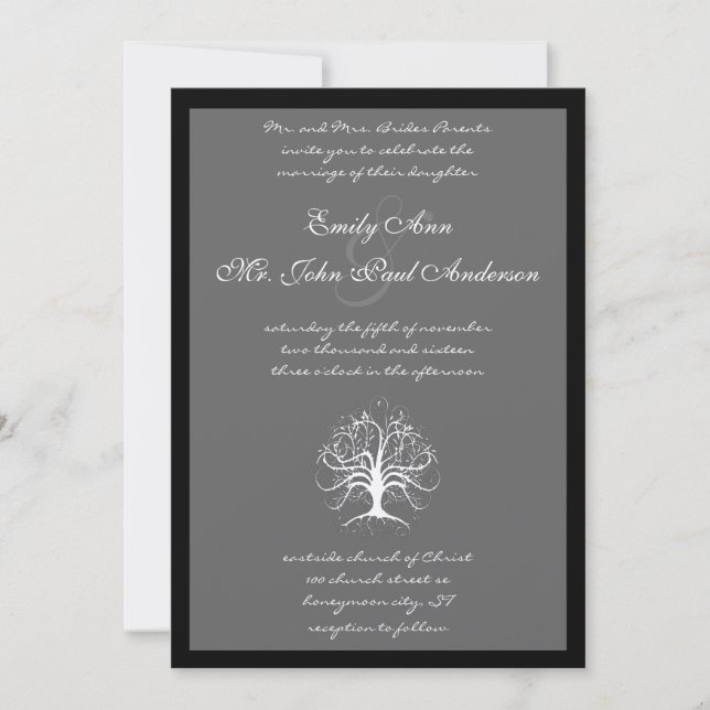 Whimsical Tree Black Borders Wedding Invite (Front)