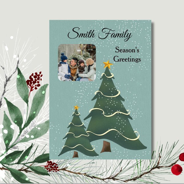 Whimsical Tree Blue Green Photo Holiday Card (Creator Uploaded)