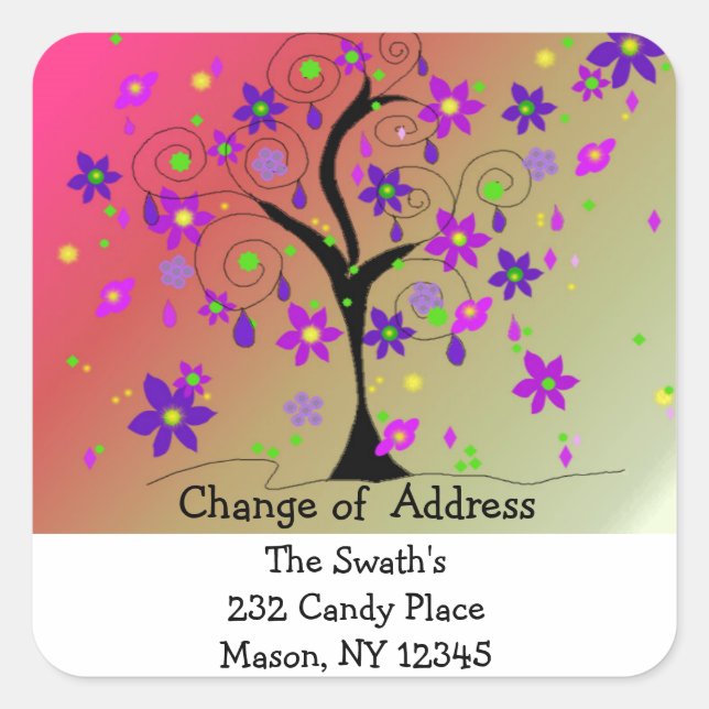 Whimsical Tree Change of Address Square Sticker (Front)