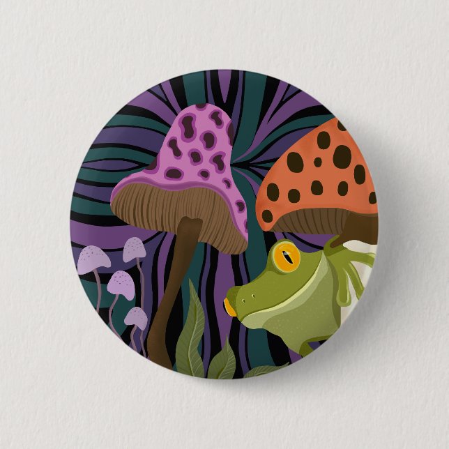 Whimsical Tree Frog And Mushrooms Button (Front)