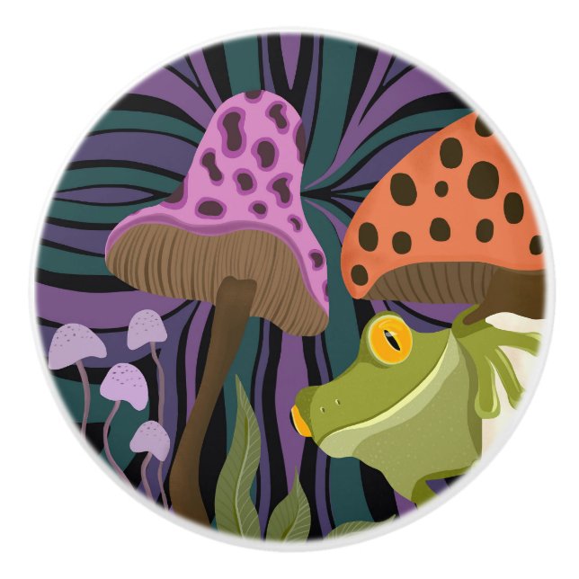 Whimsical Tree Frog And Mushrooms Ceramic Knob (Front)