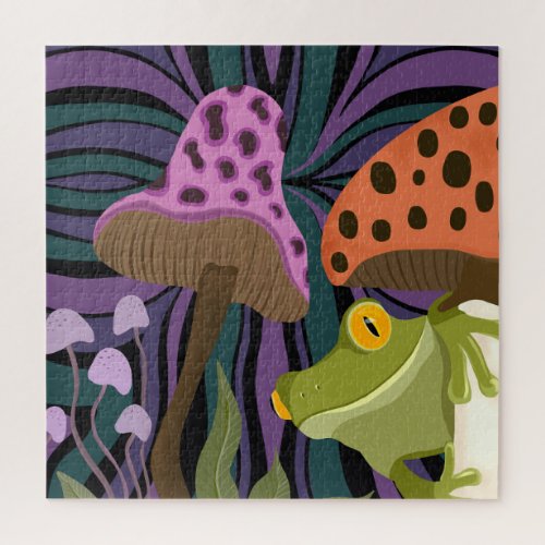 Whimsical Tree Frog And Mushrooms Jigsaw Puzzle