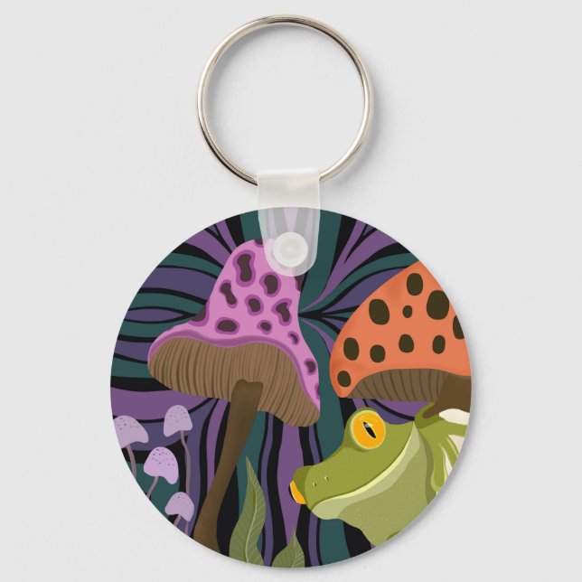 Whimsical Tree Frog And Mushrooms Keychain (Front)