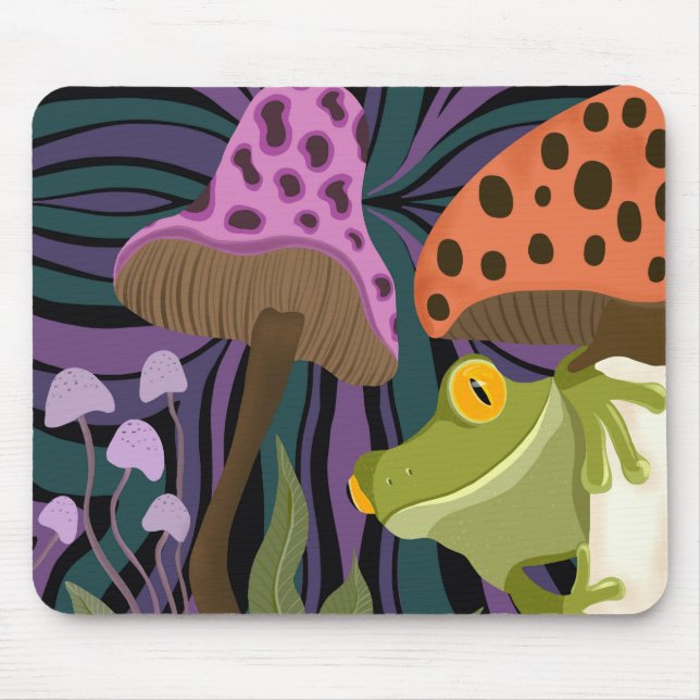 Whimsical Tree Frog And Mushrooms Mouse Pad (Front)