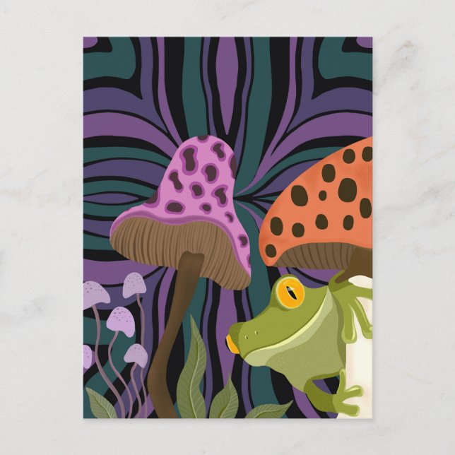 Whimsical Tree Frog And Mushrooms Postcard (Front)