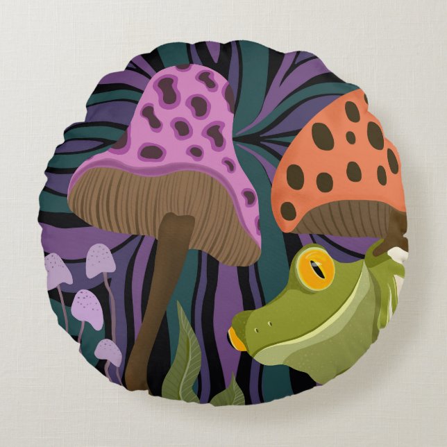 Whimsical Tree Frog And Mushrooms Round Pillow (Front)