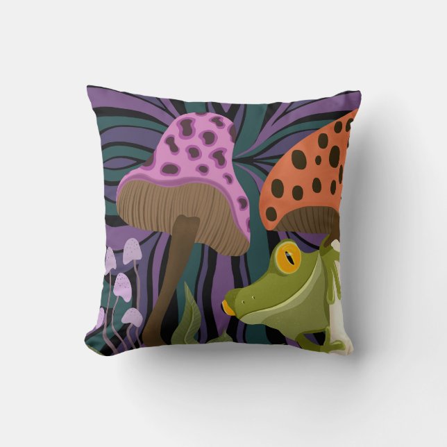 Whimsical Tree Frog And Mushrooms Throw Pillow (Front)