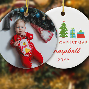 Whimsical Tree & Gifts 1st Christmas Photo Ceramic Ornament