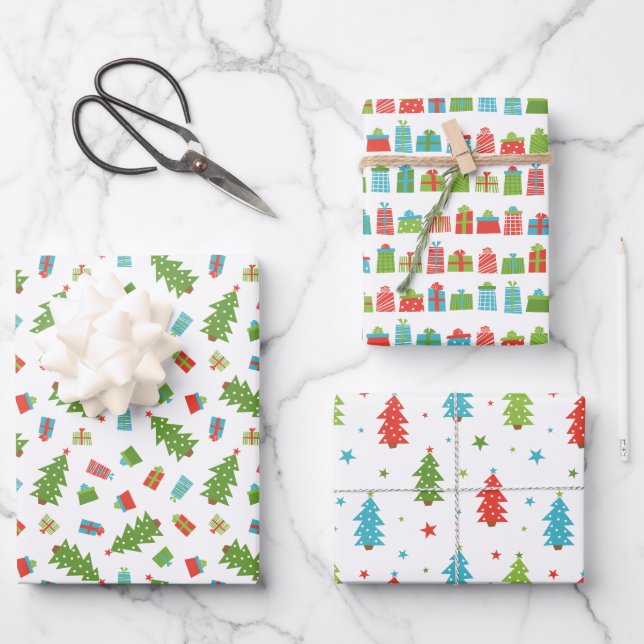 Whimsical Tree & Gifts Christmas Patterns Wrapping Paper Sheets (Front)