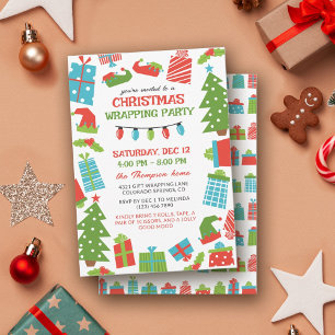 Whimsical Tree & Gifts Christmas Wrapping Party Invitation