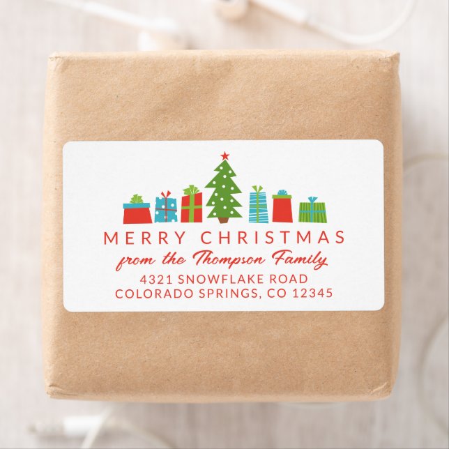 Whimsical Tree & Gifts Merry Christmas Label (Insitu)