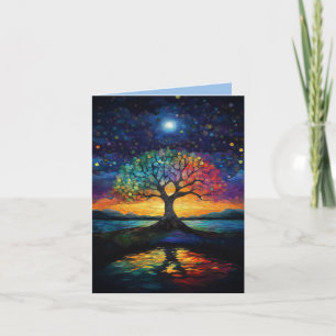 Whimsical Tree of Life Abstract Blue Rainbow Letterpress Thank You Card