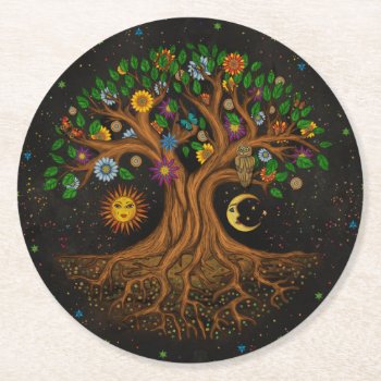 Whimsical Tree Of Life - Yggdrasil Round Paper Coaster by LoveMalinois at Zazzle