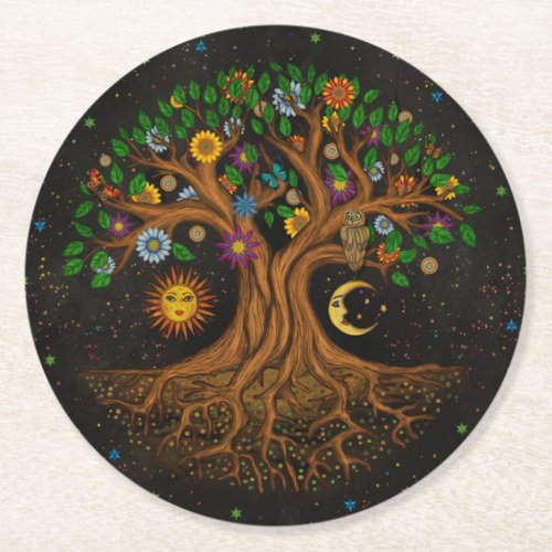 Whimsical Tree of Life _ Yggdrasil Round Paper Coaster