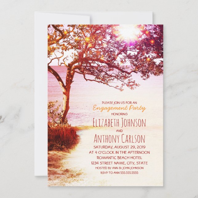 Whimsical Tree Sunset Beach Engagement Party Invitation (Front)