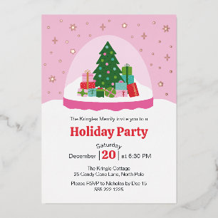 Whimsical Trees and Gifts Snow Globe in Pink Foil Invitation