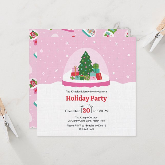Whimsical Trees and Gifts Snow Globe in Pink Invitation (Front/Back In Situ)