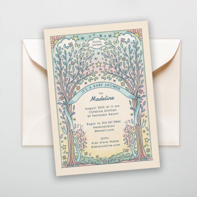 Whimsical Trees and Stars Pastel Sweet Baby Shower Invitation (Creator Uploaded)