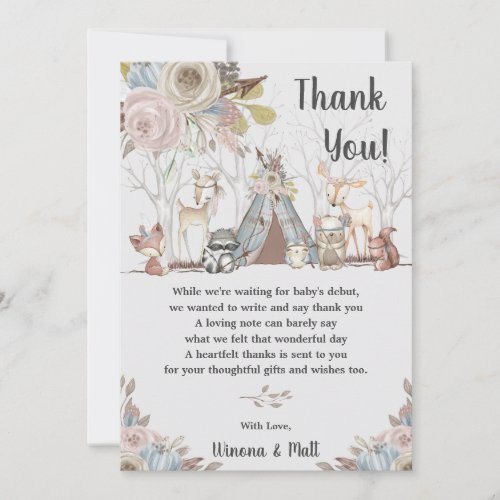 Whimsical Tribal Boho Woodland Animals Baby Shower Thank You Card