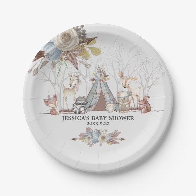 Whimsical Tribal Woodland Animals Baby Boy Shower Paper Plates (Front)
