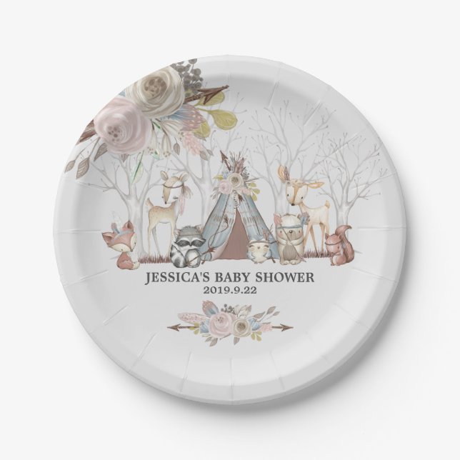 Whimsical Tribal Woodland Animals Baby Girl Shower Paper Plates (Front)