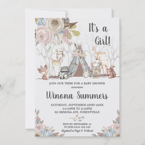 Whimsical Tribal Woodland Animals Baby Shower Girl Invitation