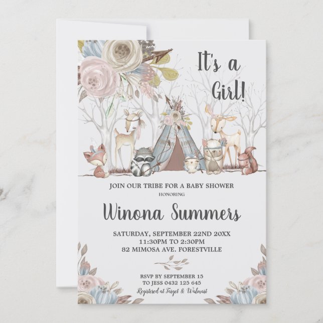 Whimsical Tribal Woodland Animals Baby Shower Girl Invitation (Front)