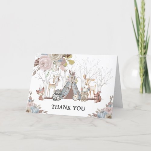 Whimsical Tribal Woodland Animals Baby Shower Girl Thank You Card