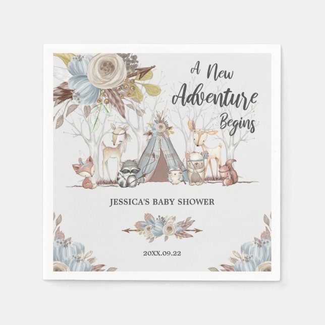Whimsical Tribal Woodland Animals Boy Baby Shower Napkins (Front)