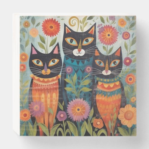 Whimsical Trio Cute Cats Wooden Box Sign