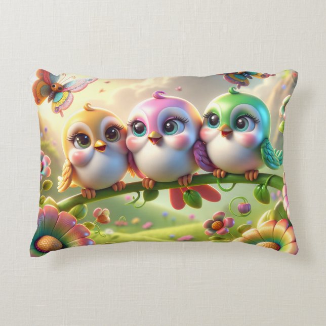 Whimsical Trio of Springtime Songbirds Accent Pillow (Front)