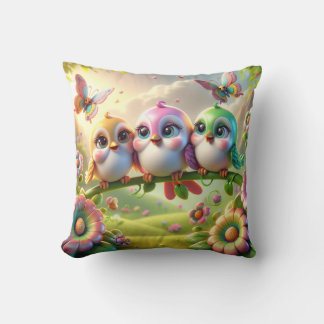 Whimsical Trio of Springtime Songbirds Throw Pillow