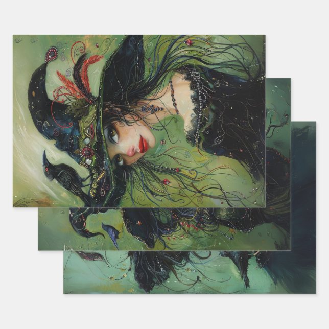 Whimsical Trio Witches #2 Decoupage  Wrapping Paper Sheets (Set)