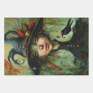 Whimsical Trio Witches Decoupage Wrapping Paper Sheets