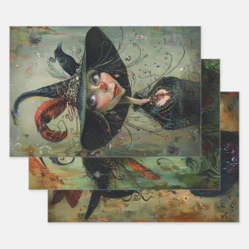 Whimsical Trio Witches Decoupage  Wrapping Paper Sheets