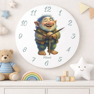 Whimsical Troll Gnome Wall Decor Kids Custom Name  Large Clock