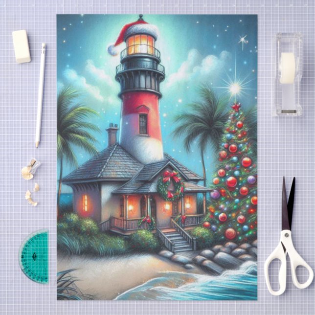 Whimsical Tropical Christmas Lighthouse Decoupage Tissue Paper (Craft)